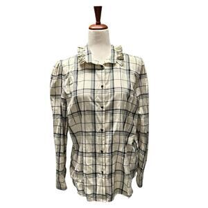 Lauren‎ Ralph Lauren Women's Blouse Size Large Beige Plaid Ruffled Collar Preppy